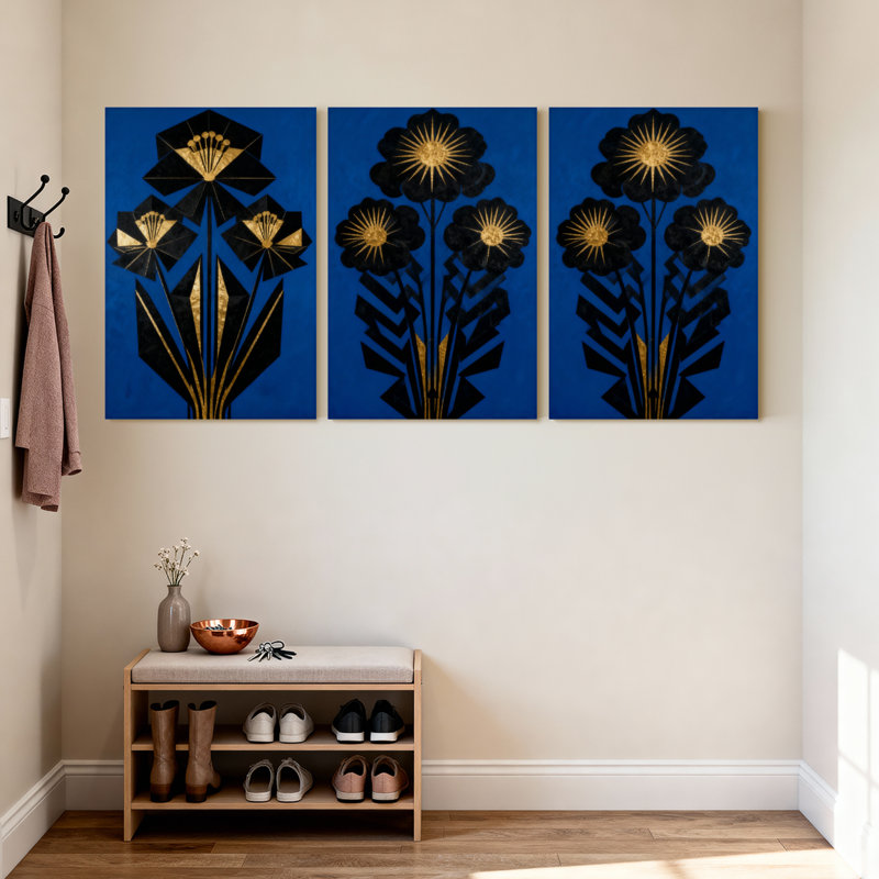 Abstrait bleu, motif floral noir et or, ensemble de 3 impressions sur toile, H 18 po x l 36 po