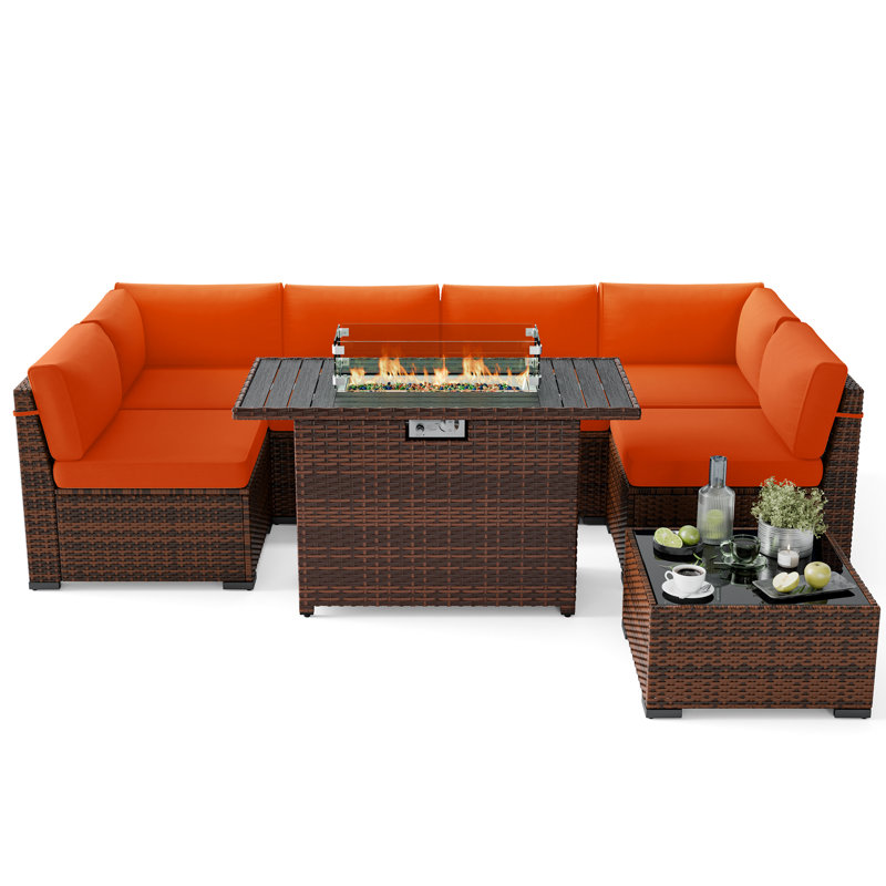 6 Person Rattan Sectional Seating Group With Cushions, Orange, Yes