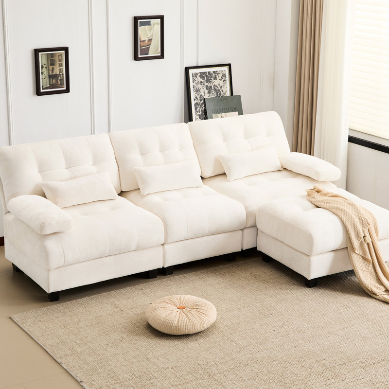 93 pouces avec sièges 3 + 1 assortis, 4 réglages, capacité de 350 lb par siège, chenille beige, 3 coussins décoratifs 4 réglages, poids