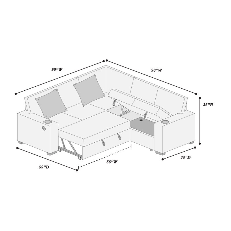 3-Piece Convertible Sectional, Dark Gray Corduroy