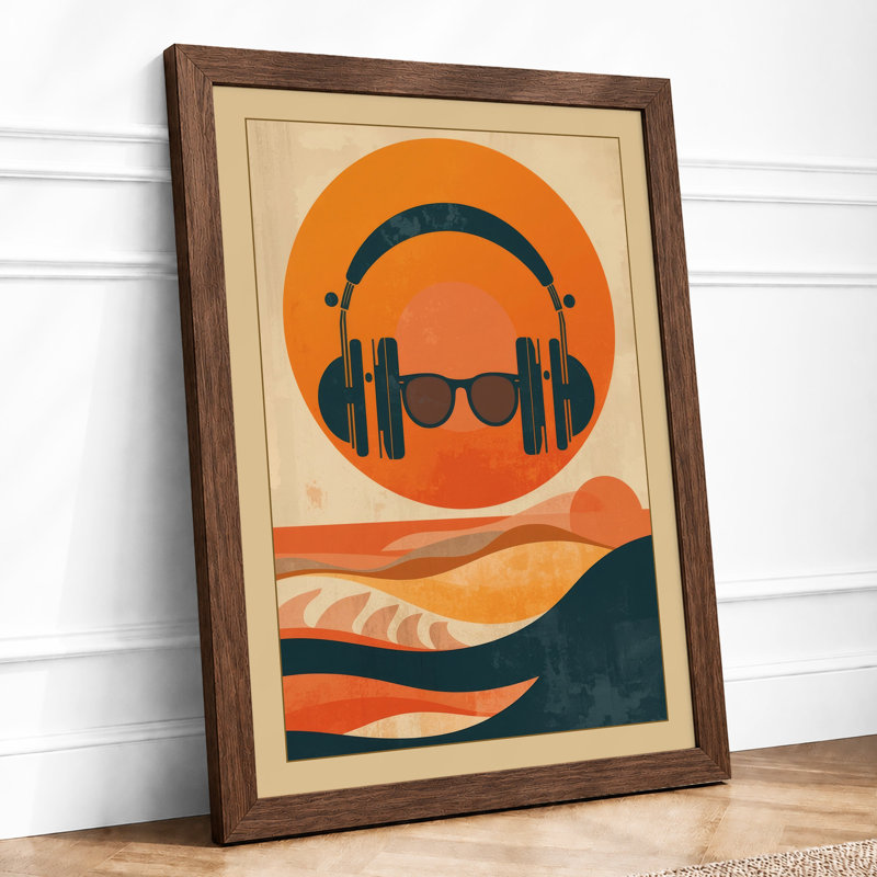 Headphones & Sunglasses Retro - Framed Print, Walnut, A4 - 29.7 x 21.0 cm