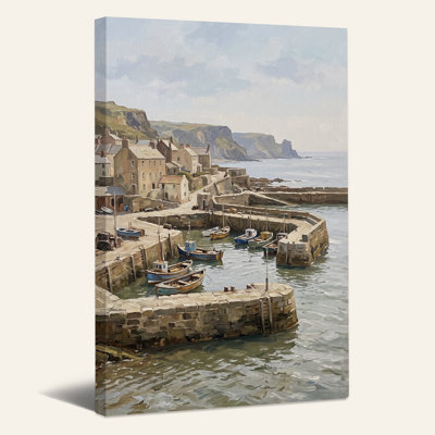 Stone Harbor with Fishing Boats Canvas Wall Art