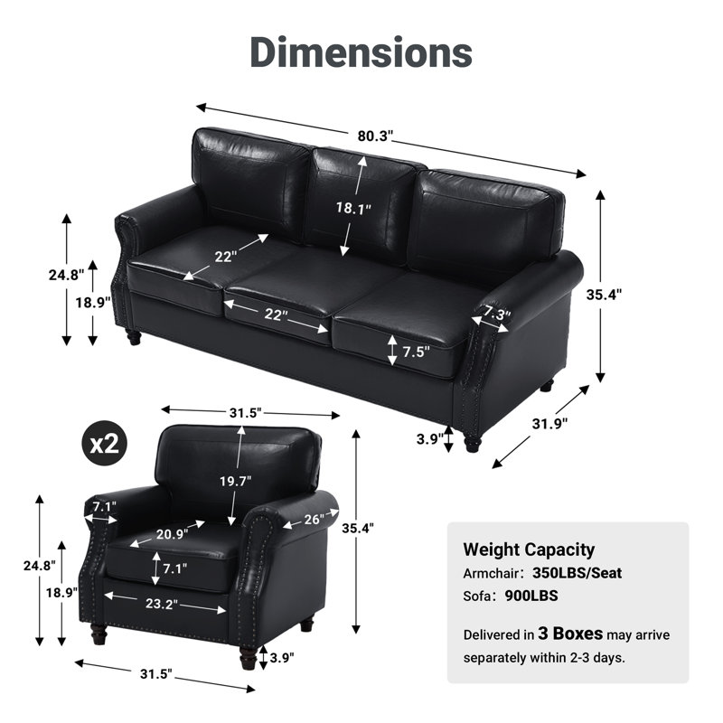 Ensemble de salon 3 pièces Glenloft, 3 Pcs: 2 Chairs, Sofa, Noir