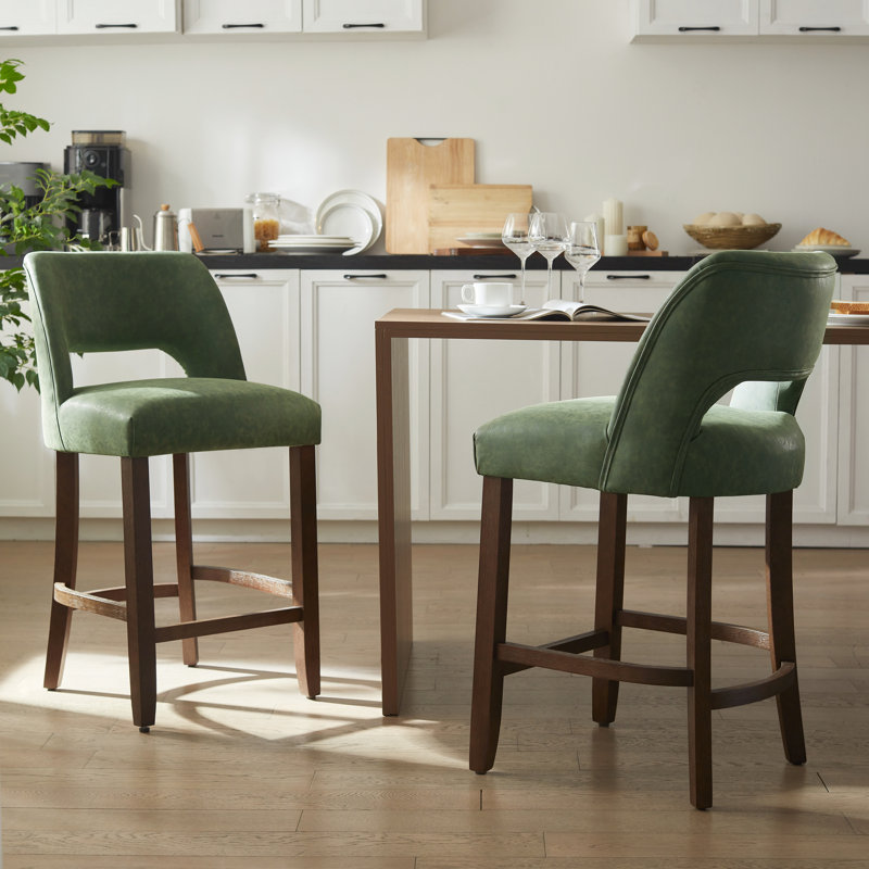 Bisto Faux Leather Upholstered Counter Height Bar Stool With Solid Wood Legs, Green