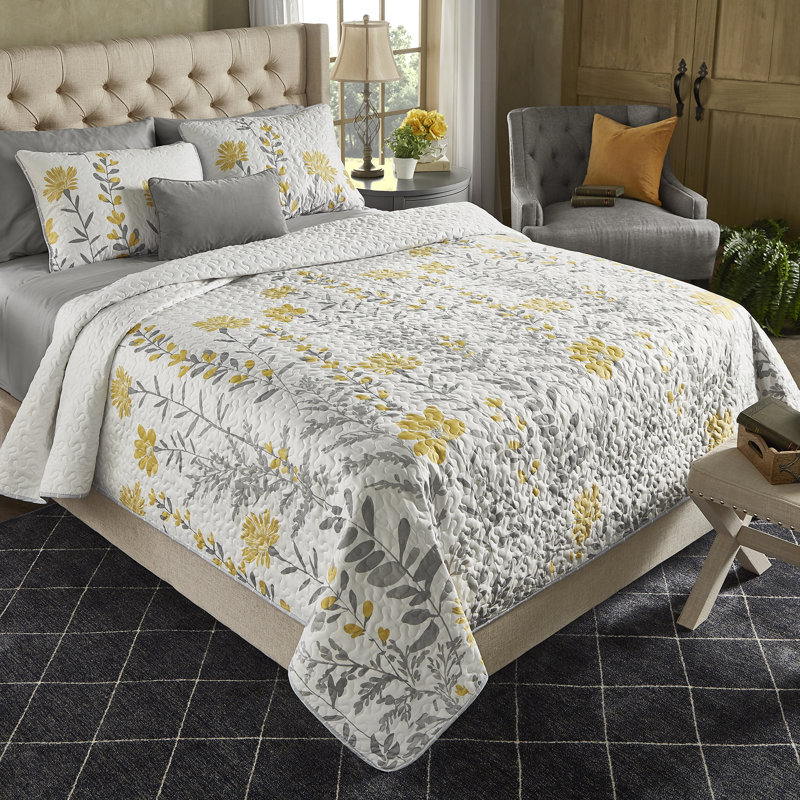 Yellow and Gray Reversible Floral King Microfiber Quilt Set