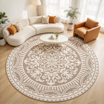 6' Round Medallion Stain-Resistant Beige Area Rug
