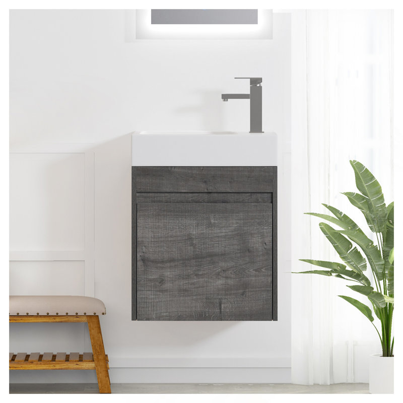 Meuble-lavabo mural 18 po avec lavabo en résine blanche et porte d'armoire à fermeture en douceur 18 po, Plaid Grey Oak