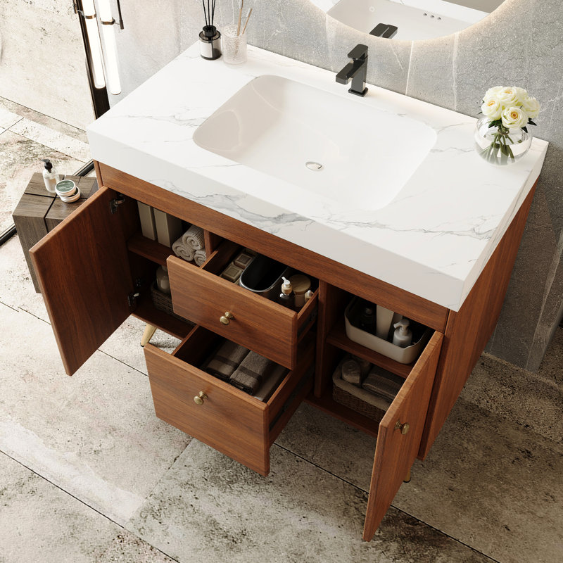 Meuble-lavabo de luxe 36 po avec plateau en pierre frittée, lavabo en céramique et tablettes centrales - Conception surélevée pour une surface moderne facile d'accès, tiroirs blancs, articles rapides idéaux, petits espaces compacts