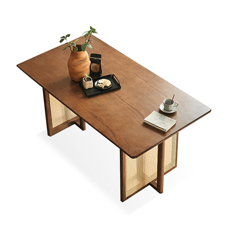 Table de salle à manger brune + beige rectangulaire en bois massif + rotin, H 29,13 po x l 70,87 po x L 33,46 po