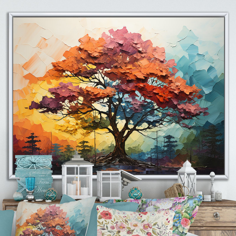 Reproduction multicolore de séquoia fauve sur toile, Cadre flottant blanc, H 24 po x l 32 po x P 1 po