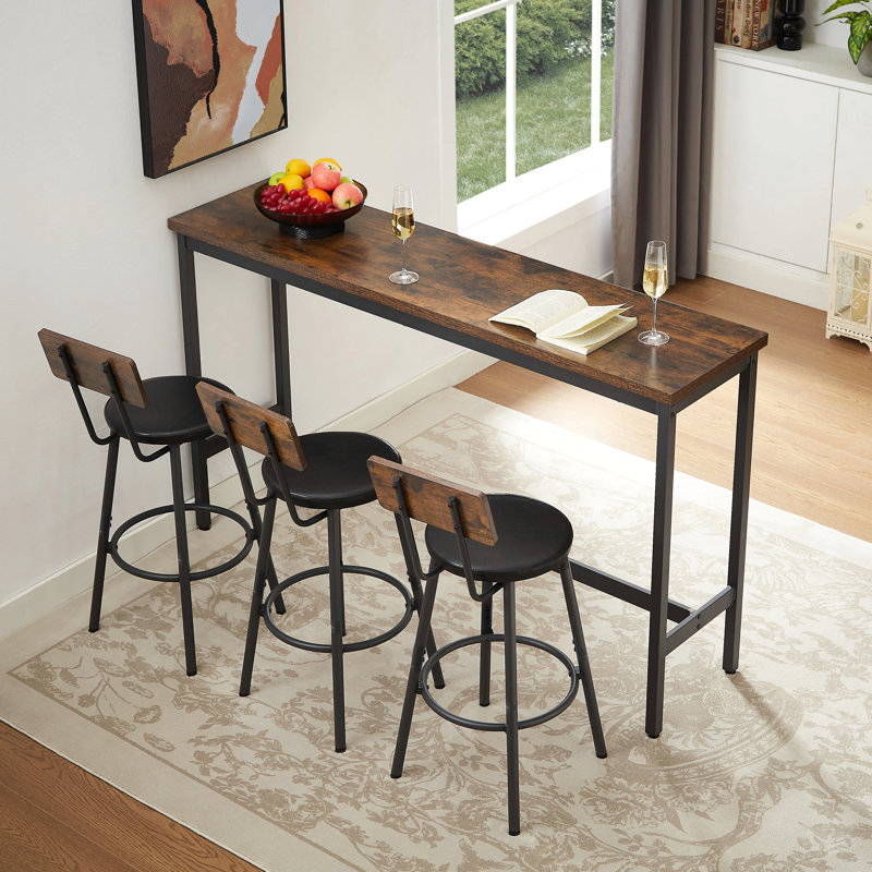 Ensemble de longues tables de bar avec 3 tabourets de bar rembourrés en polyuréthane, Brun rustique