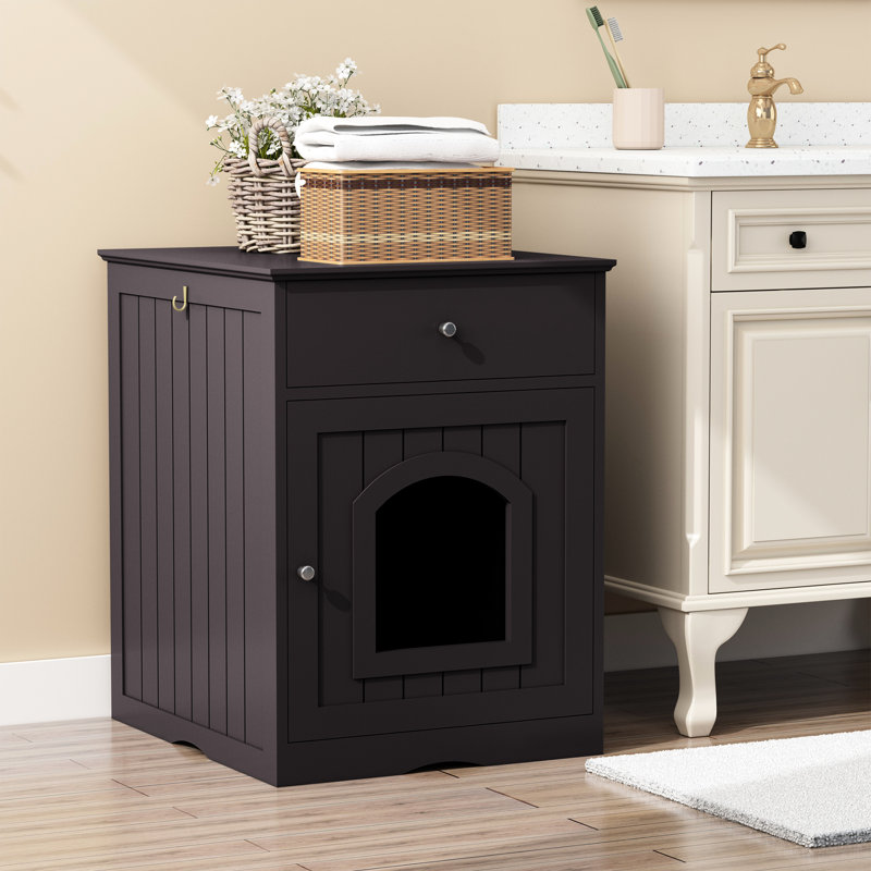 Enceinte en bois massif pour litière pour chat, table d'appoint, tiroir, cage intérieure pour animal de compagnie, table de chevet brune pour animaux de compagnie avec table et