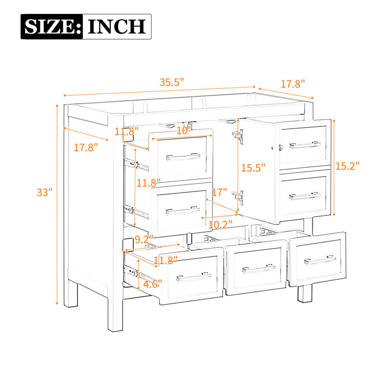 Meuble-lavabo de salle de bain 36 po, structure, 5 tiroirs, fermeture en douceur, meuble-lavabo, planches, Blanc