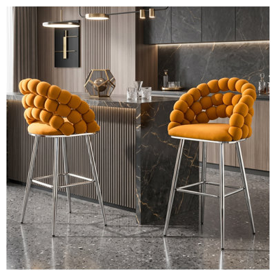 Ensemble de 2 tabourets de bar Bubble, chaises de comptoir modernes rembourrées de style nuage avec pieds en métal chromé, tabourets de bar avec dossier en velours pour îlot de cuisine ou bar à domicile, orange