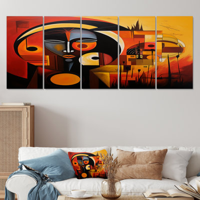 Portrait géométrique minimal en jaune et rouge - art mural masque africain 5 pièces