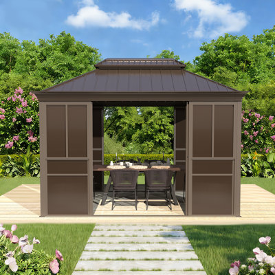 12 pi. L 10 pi. D Pavillon de jardin extérieur à toit rigide - Solarium en aluminium entièrement fermé avec portes coulissantes, fenêtres coulissantes en PE, pergola toutes saisons avec double toit en acier galvanisé pour patio, terrasse et spa