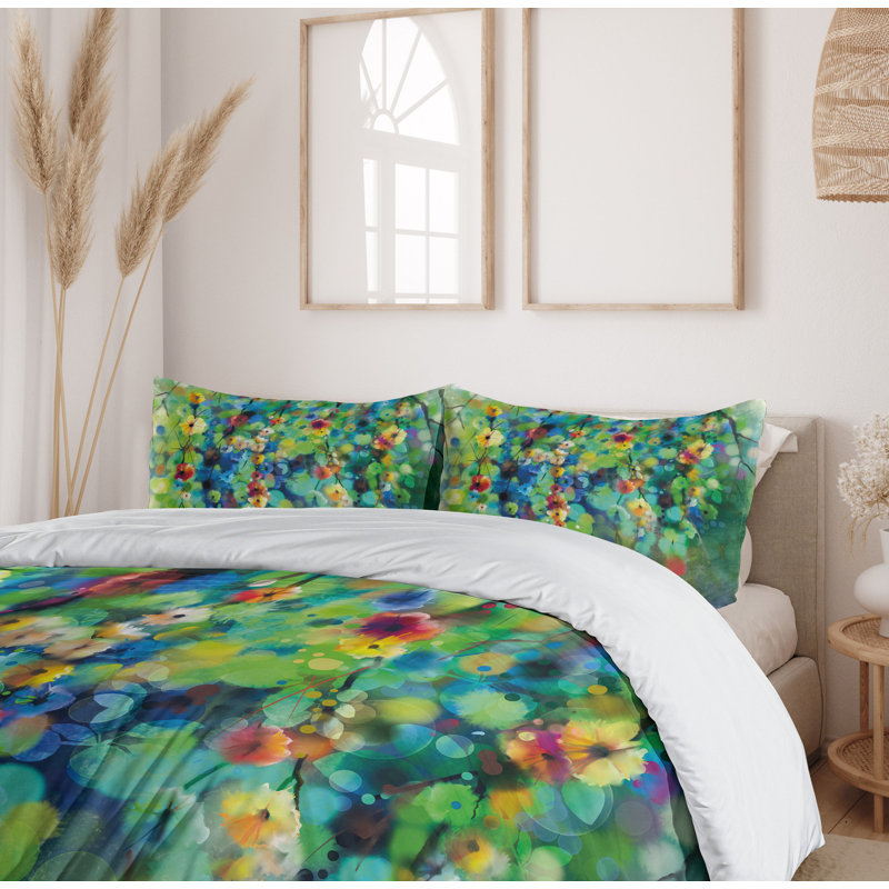 Vibrant Green Blue Floral Microfiber Queen Duvet Cover Set