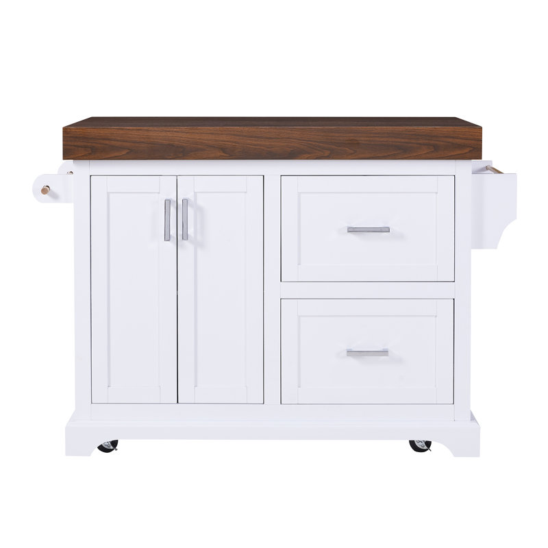 53" Large Kitchen Island With 3.5" Thick Desktop, Spice And Towel Racks, Rolling Kitchen Island With Storage On 5 Wheels, 2 Extra-Large Drawers, For Home, Kitchen, Dining Room, White