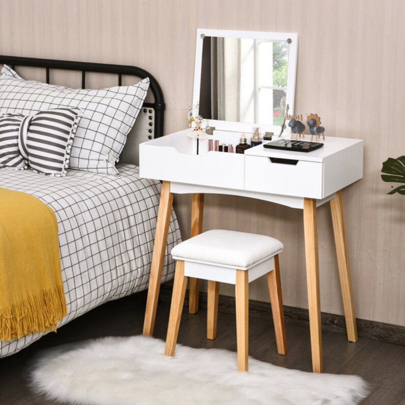 Table de coiffeuse en bois avec miroir rabattable et tabouret rembourré