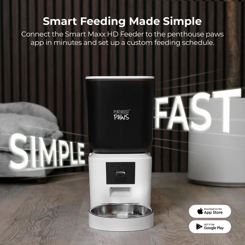 Penthouse Paws Smart Maxx HD Automatic Pet Food Feeder, 7L Capacity, 1080p Camera, WiFi App Control, 2-Way Audio, Anti-Jam Design, Backup Power, Stainless Steel Bowl, White, for Cat & Dog