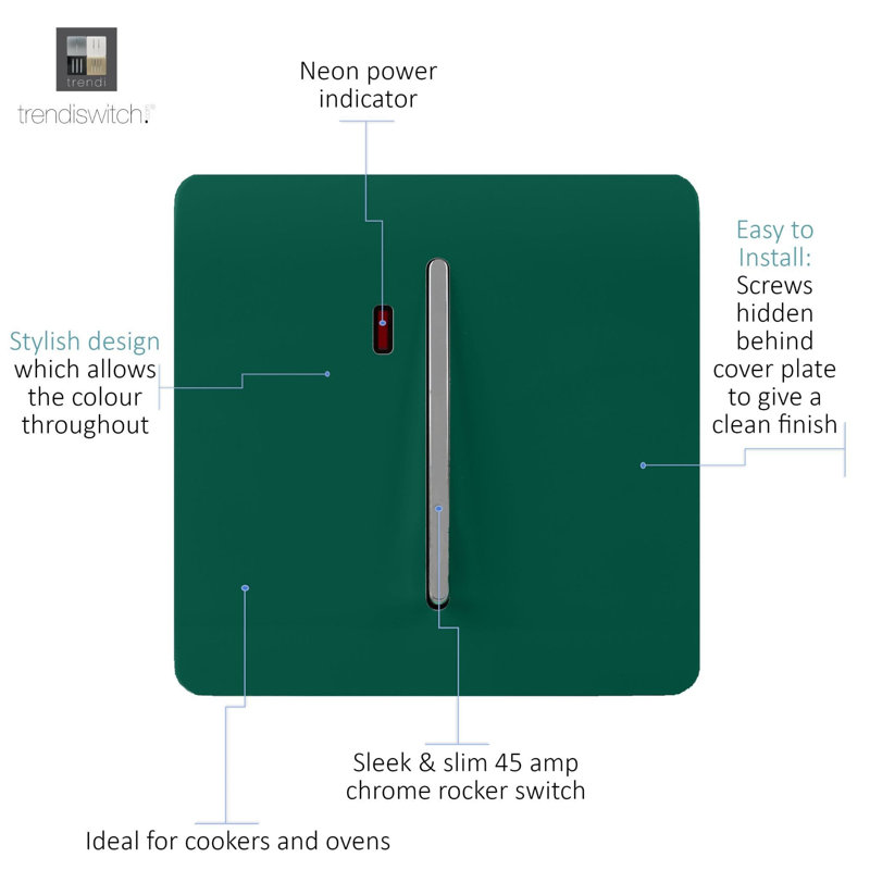 Trendi Switch 1 Gang 45 Amp Cooker Switch with Neon, Dark Green