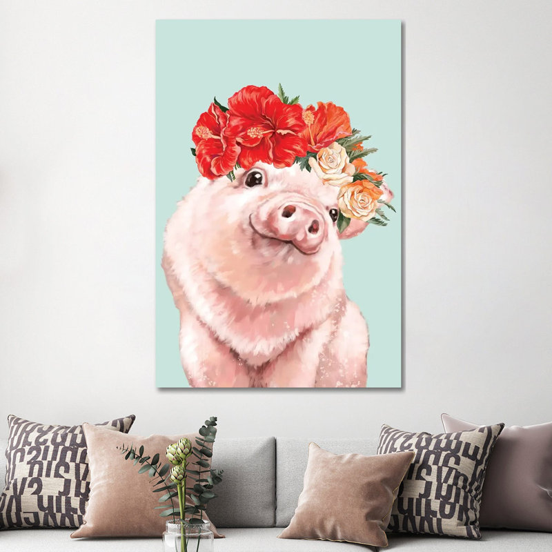 Baby Pig With Hawaiian Flower Crown In Green by Big Nose Work - Gallery-Wrapped Canvas Giclée on Canvas, Wrapped Canvas