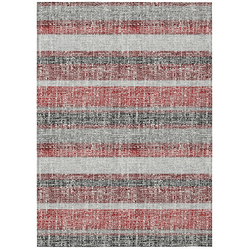5' X 8' Burgundy And Silver Striped Washable Indoor Outdoor Area Rug, Rectangle 5' X 8'