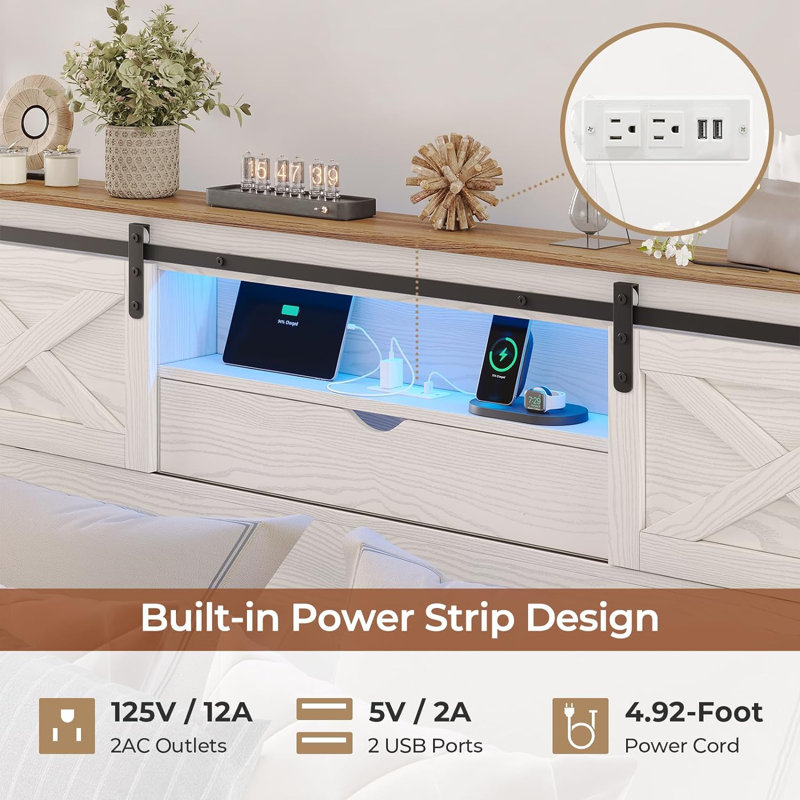 Farmhouse Bed Frame With Led Lights And Charging Station, Wooden Platform Bed With 2 Storage Drawers, Rustic Accent Headboard With Sliding Barn Door Storage Cabinets, White