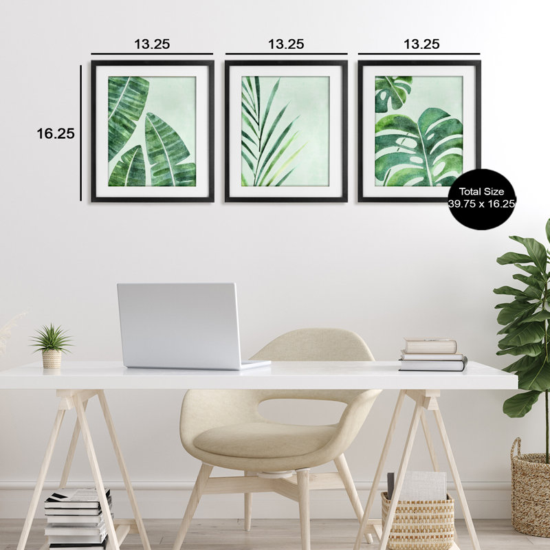 «Divers Plant Leaves Tropics», ensemble de 3 reproductions encadrées sous verre, par Camila Juncos, H 16 po x l 39 po