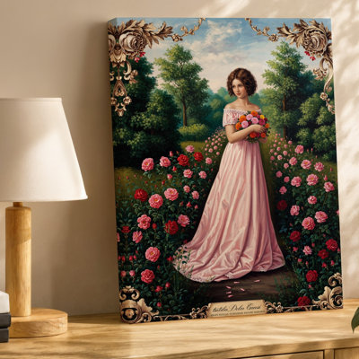 Canvas A Young Woman With Soft Curly Brown Hair Dressed In Wall Art A Delicate Pink Gown With Lace Trim Stands Gracefully Amidst Canvas Wall Art