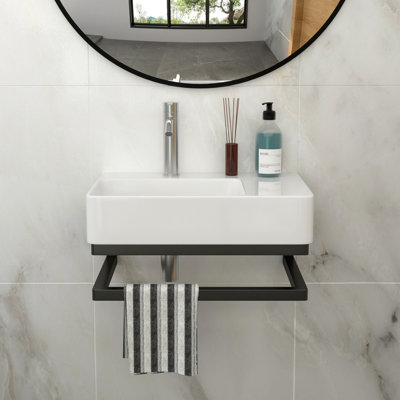 Wall-Mounted Rectangular Ceramic Bathroom Sink with Black Towel Bar and Faucet Hole, Space-Saving and Durable Design