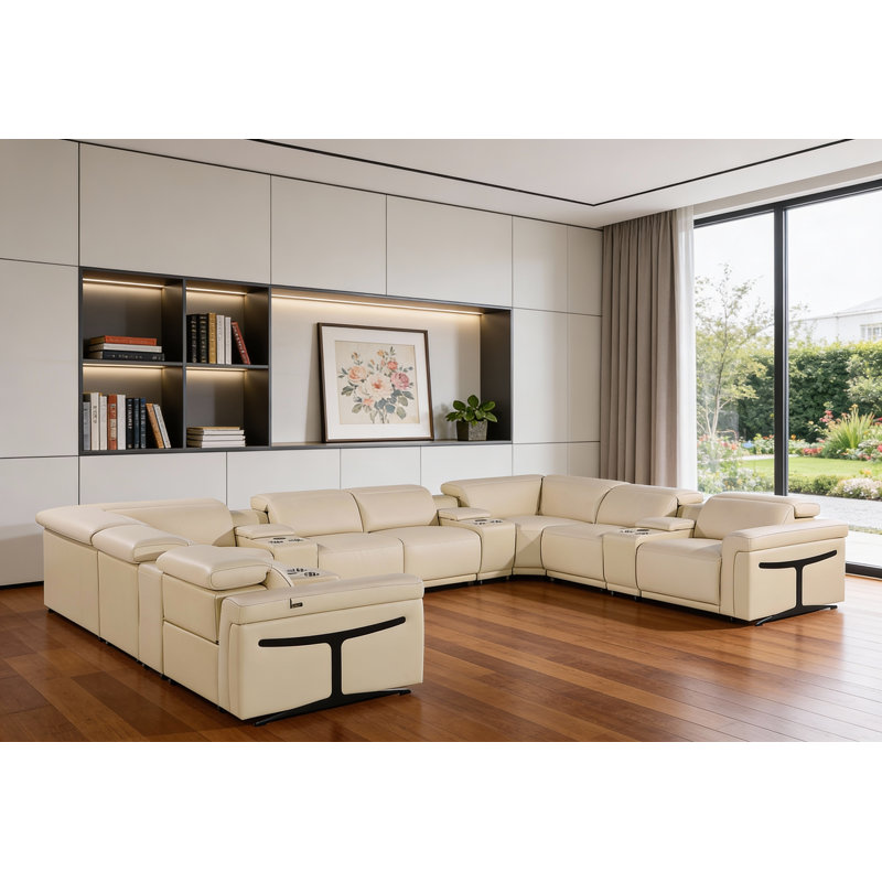 Canapé modulaire en U inclinable électrique en cuir beige avec console