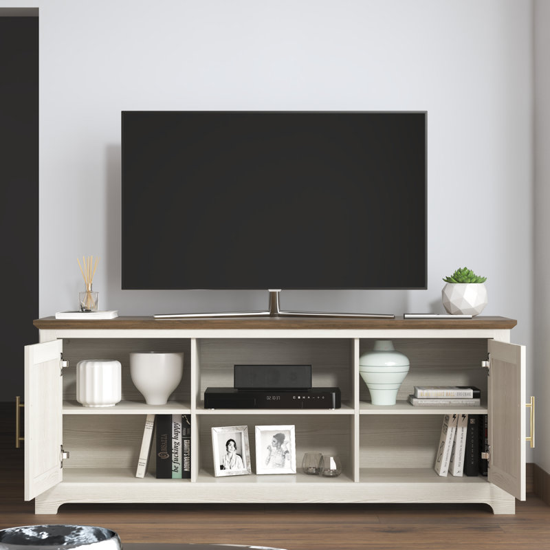 Anfield 2 Door TV Stand with Open Shelves, White Oak