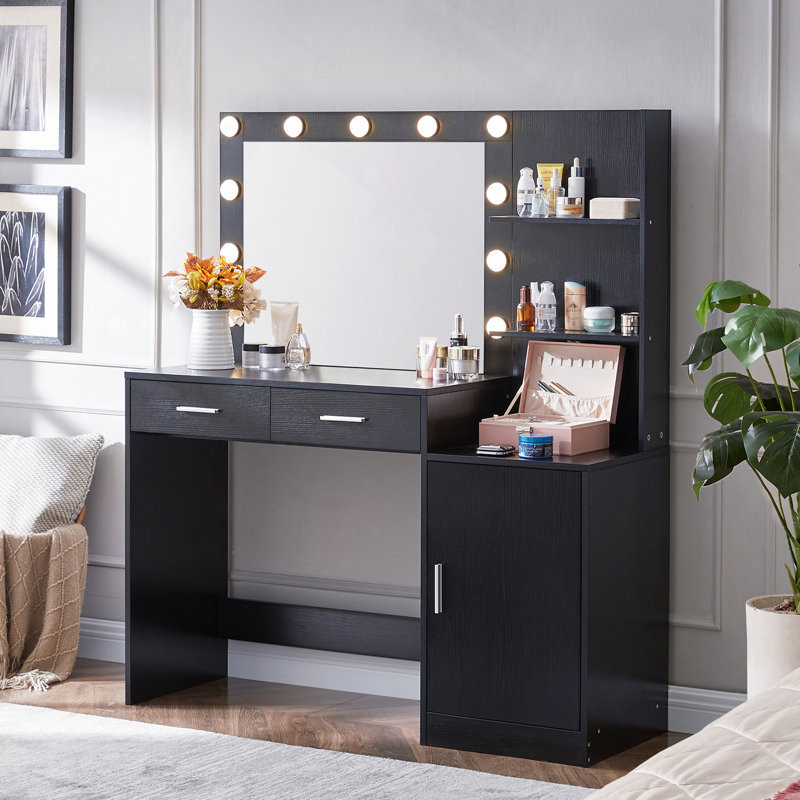 Vanity Desk With Mirror And Lights, 46.4" Dressing Table With 2 Large Drawer&Large Vertical Organizer, 3 Level Dresser & 3 Lighting Modes Adjustable Brightness, Suitable For Bedroom