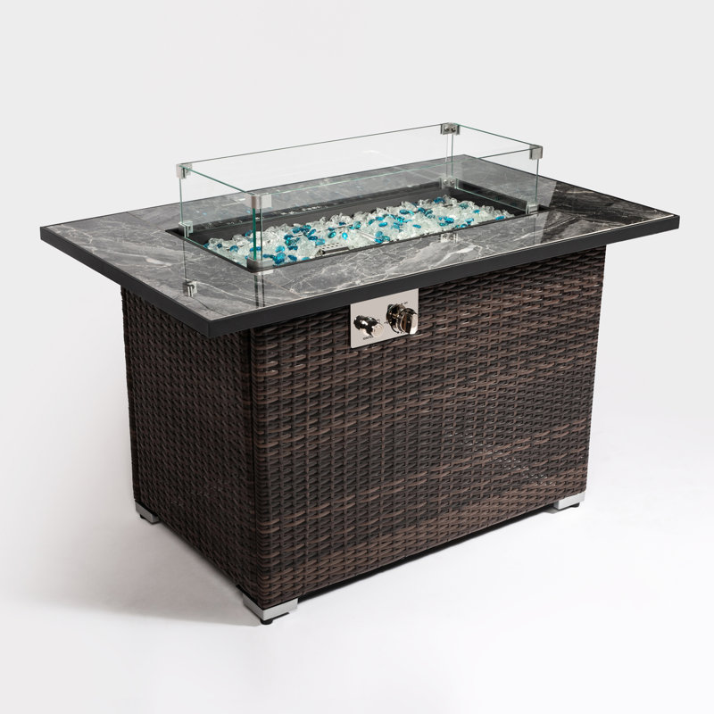 50000Btu Fire Table With Ceramic Top, 44Inch Outdoor Pit, Rectangular , Lid, Rain Cover, Flashing Glass Rocks, Dark Brown Propane Pit Table, Tabletop, Heat, Luminous Color
