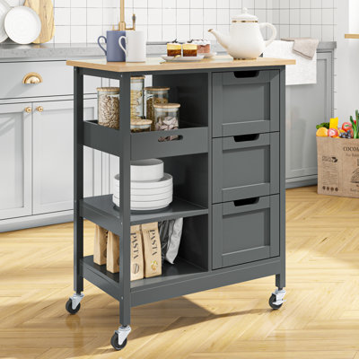 Ariayah Solid Wood Top Kitchen Island Cart with Wheels  & Drawers by Lark Manor