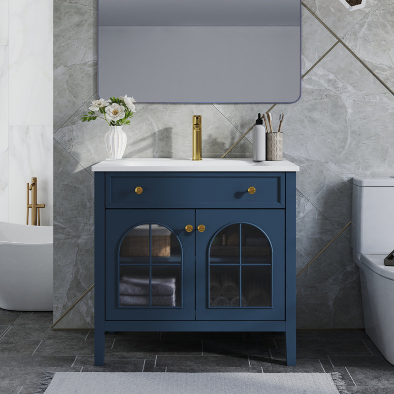 Lavabo de salle de bain 35,6 po Mid-Century avec verre à motif et bande lumineuse à capteur de mouvement, lavabo de salle de bain autoportant Farmhouse avec rangement, meuble-lavabo haut de gamme pour salle de bain, bleu