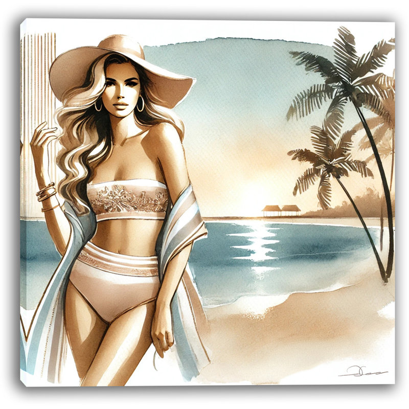Sunlit Serenity Beach - Art mural sur toile tendue, H 12 po x l 12 po