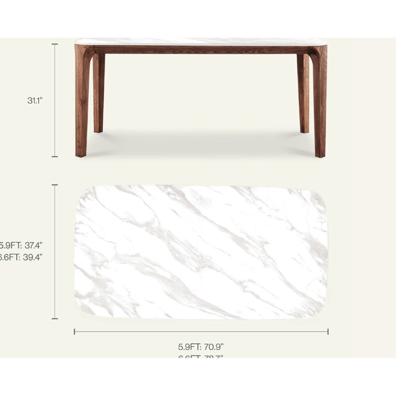 Table de salle à manger rectangulaire 5,9 pi avec plateau en céramique et structure en bois de frêne teinté noyer, légère, hygiénique, imperméable, givré, assemblage à la chaleur, surface solide, structure moderne