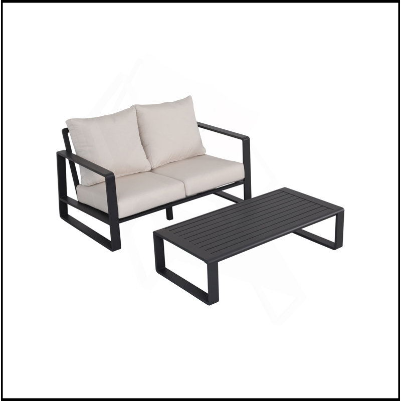 Canapé double + table basse rectangulaire, coussins brun clair, Beige