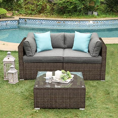  Ensemble de meubles de patio 3 pièces - Causeuse en osier brun chocolat, table basse et coussins gris foncé, 2 coussins turquoise - Ensemble de conversation d'extérieur avec coussins pour le jardin, la piscine, la cour