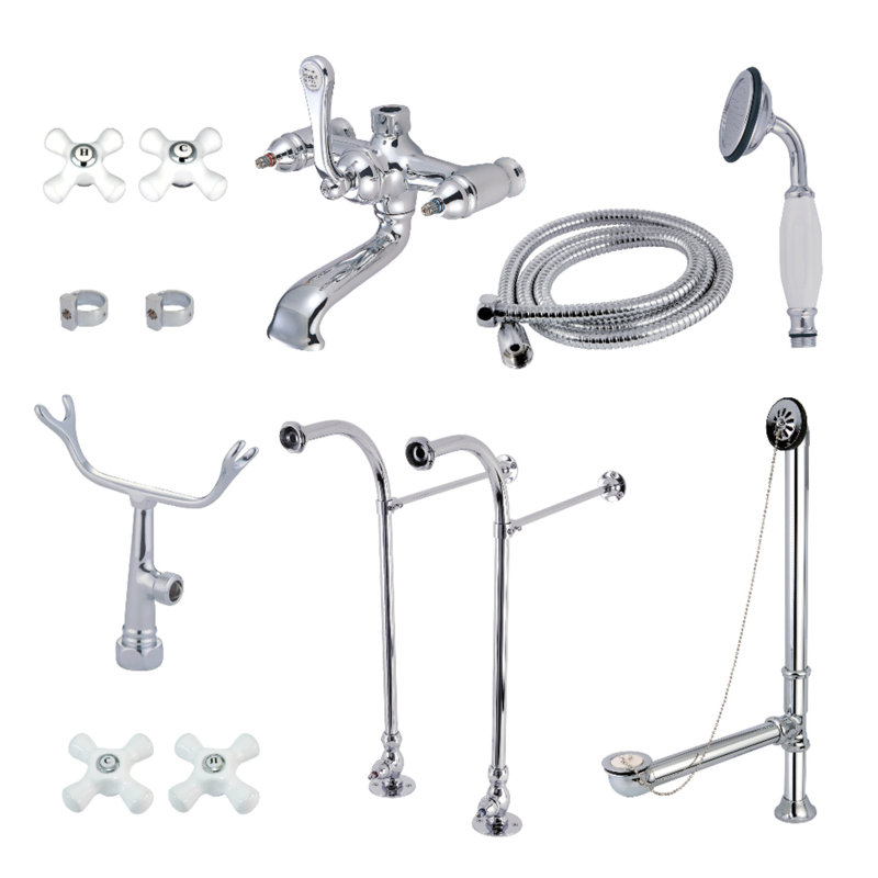 Kingston Brass Vintage Three-Handle 2-Hole Freestanding Clawfoot Tub Faucet Package with Supply Line, Hand Shower and Tub Drain