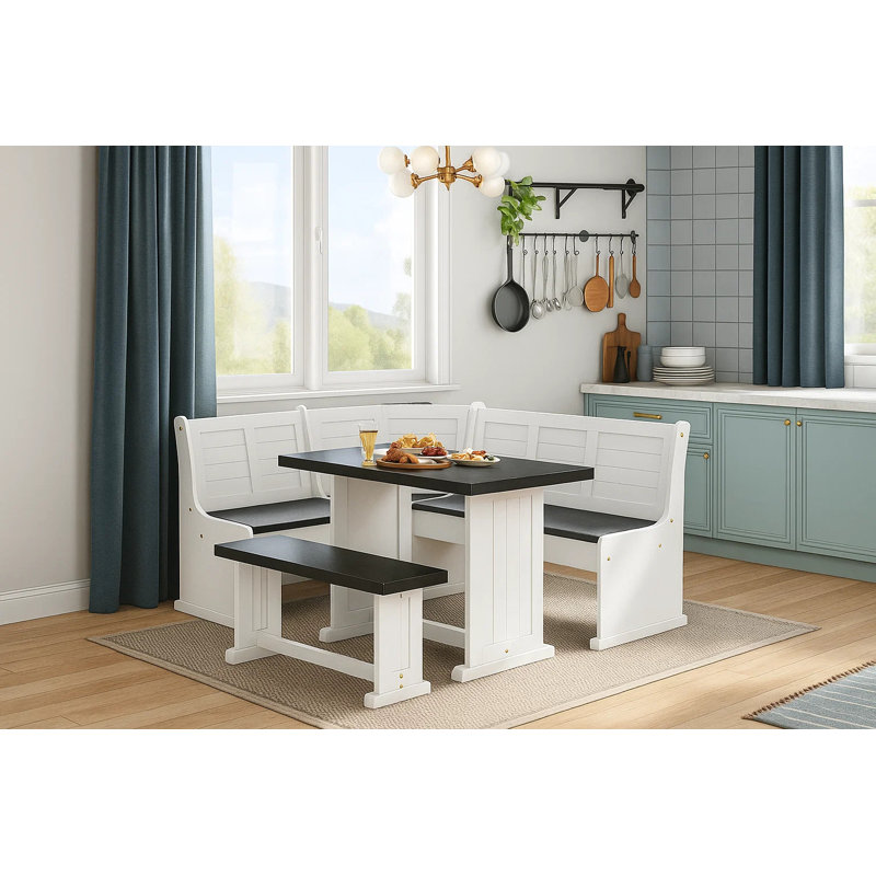 Table de salle à manger 60,6 "en bois de pin massif avec rangement - Table de ferme rectangulaire au fini blanc et noir