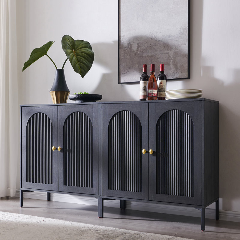 Buffet moderne cannelé avec rangement, Gris, Two pieces, H 34 po x l 61,76 po x P 15,75 po