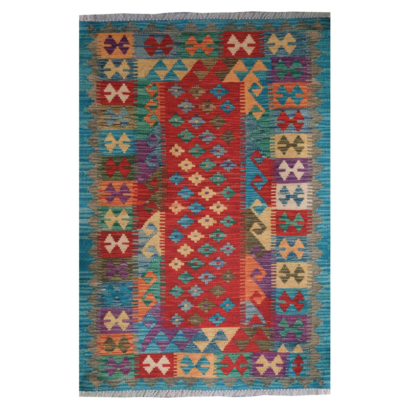 Tapis authentique à motifs multicolores en coton vert, Rectangle 2 pi 8 po x 5 pi