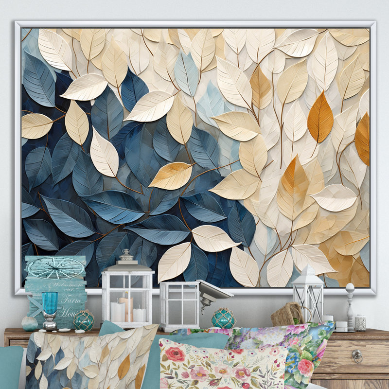 Collage de feuilles minimaliste beige et bleu - feuilles, décoration murale, H 34 po x l 44 po x P 1,5 po