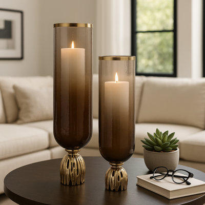 Decorative Glass Hurricane Candle Holder for Tabletop Decor – Modern Pillar Candle Stick Holder for Living Room Decor – Set of 2, 20", 23", Brown
