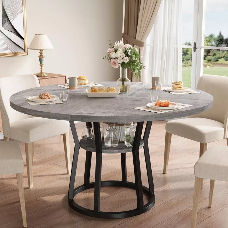 Round Dining Table for 4-6, 47.2" Farmhouse Kitchen Table with Storage, Circle Dinner Tables for Kitchen, Dining Room, Natural and Black