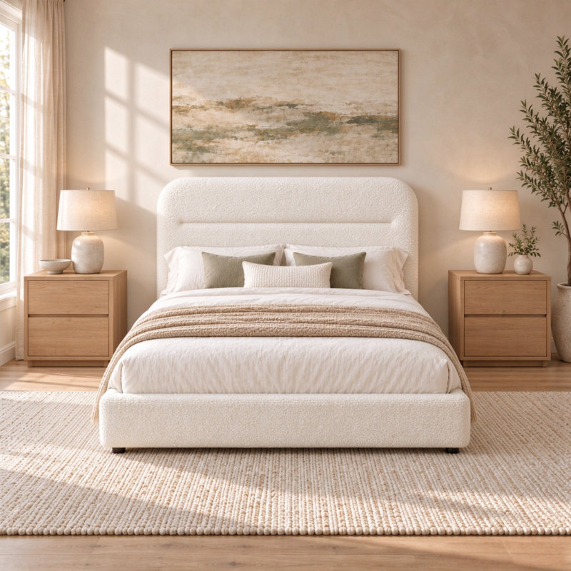 Ensemble de lit plateforme tapissier et de tables de chevet 2 tiroirs Modern Boucle, Blanc; chêne naturel, Lit simple