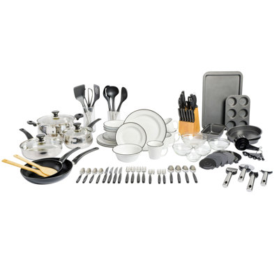 Gibson Home 95 Piece Kitchen In A Box Pots And Pans Cookware, Plates And Bowls Dinnerware, Cutlery Knife Block,  In Siliver